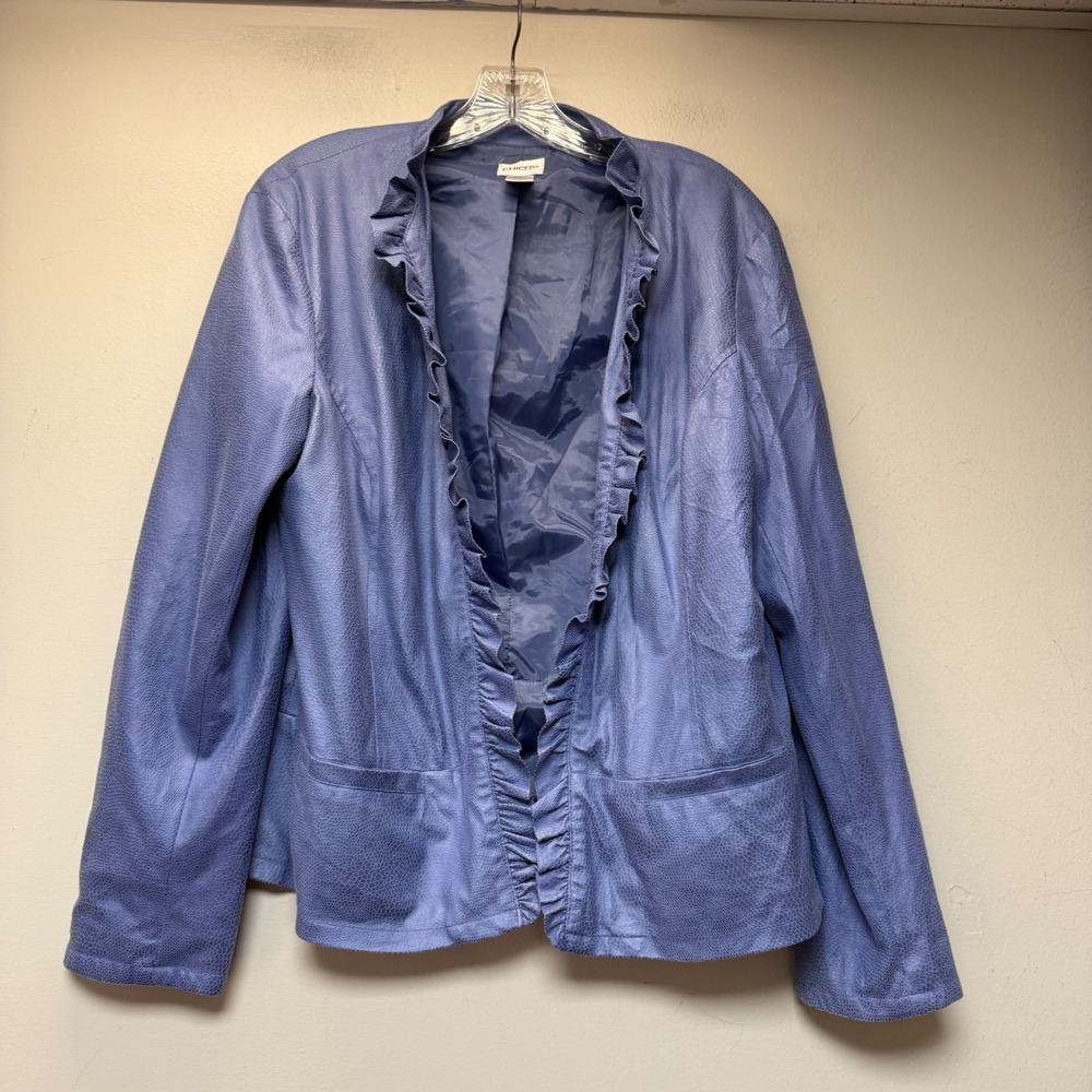 Chicos Jacket Womens 2 Blue Excellent Faux Leather Textured Ruffle Open Front